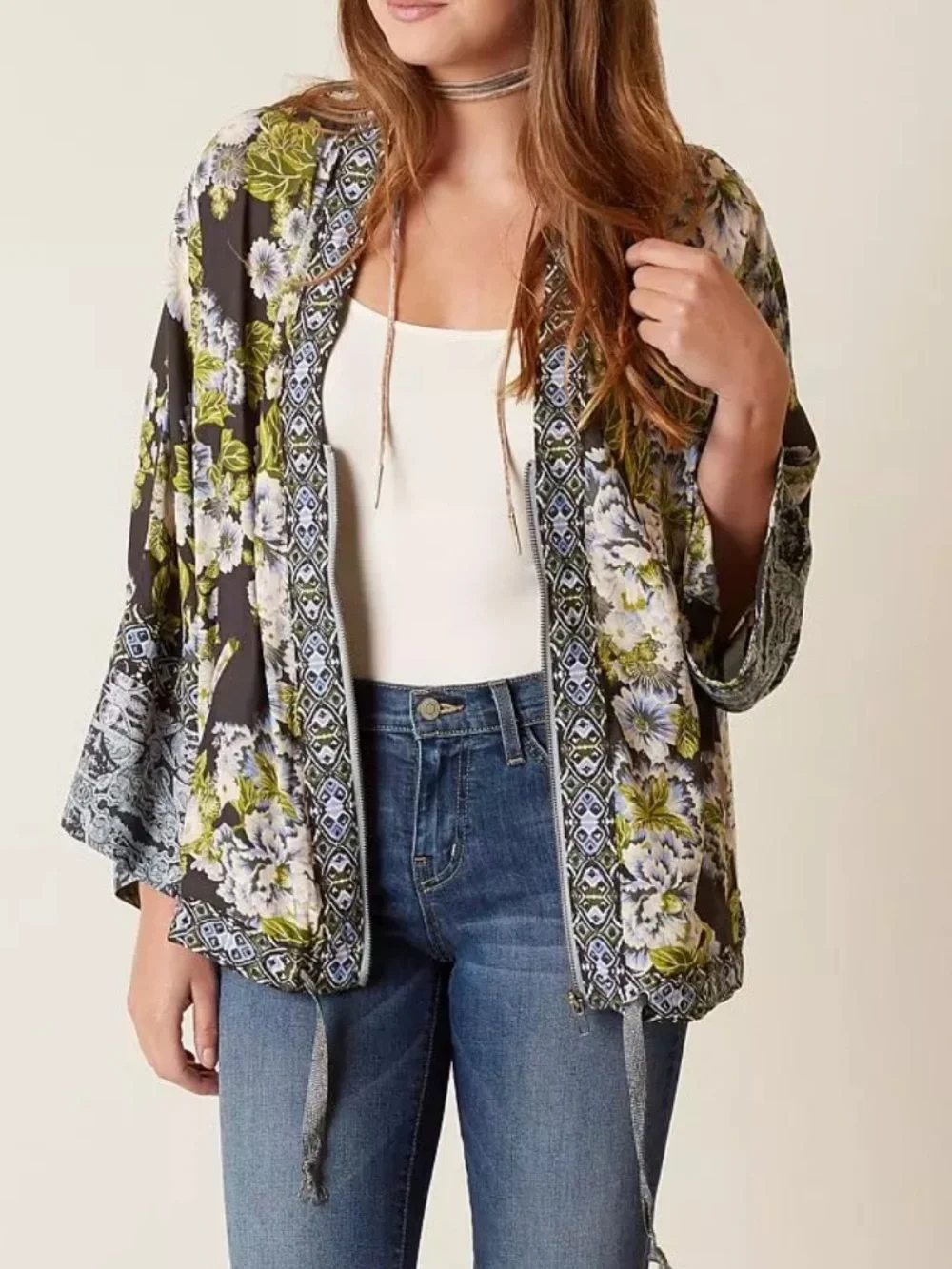 Free People Wildflower Kimono Floral Print Chiffon Zip Front Size M/L Cinch Tie